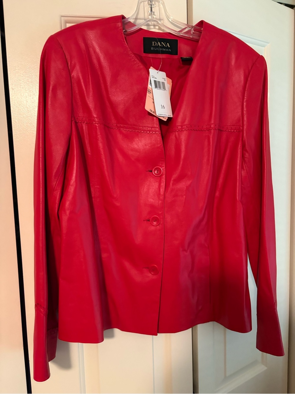 Dana Buchman Vibrant Red Leather Button Jacket